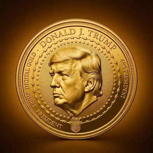 Gold-colored promotional token bearing a portrait of Donald Trump